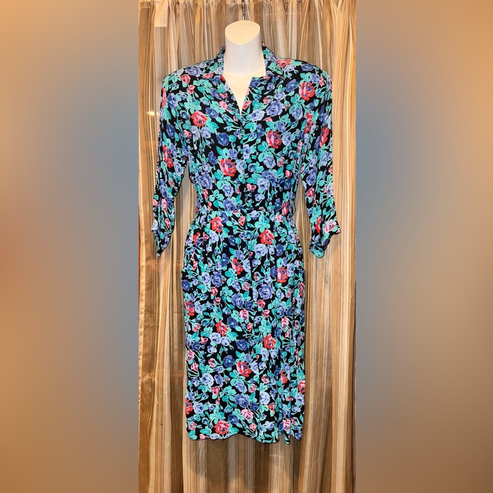Vintage Maggy London Jeannene Booher Rayon Dress sz 10 Vibrant Floral Midi 80s
